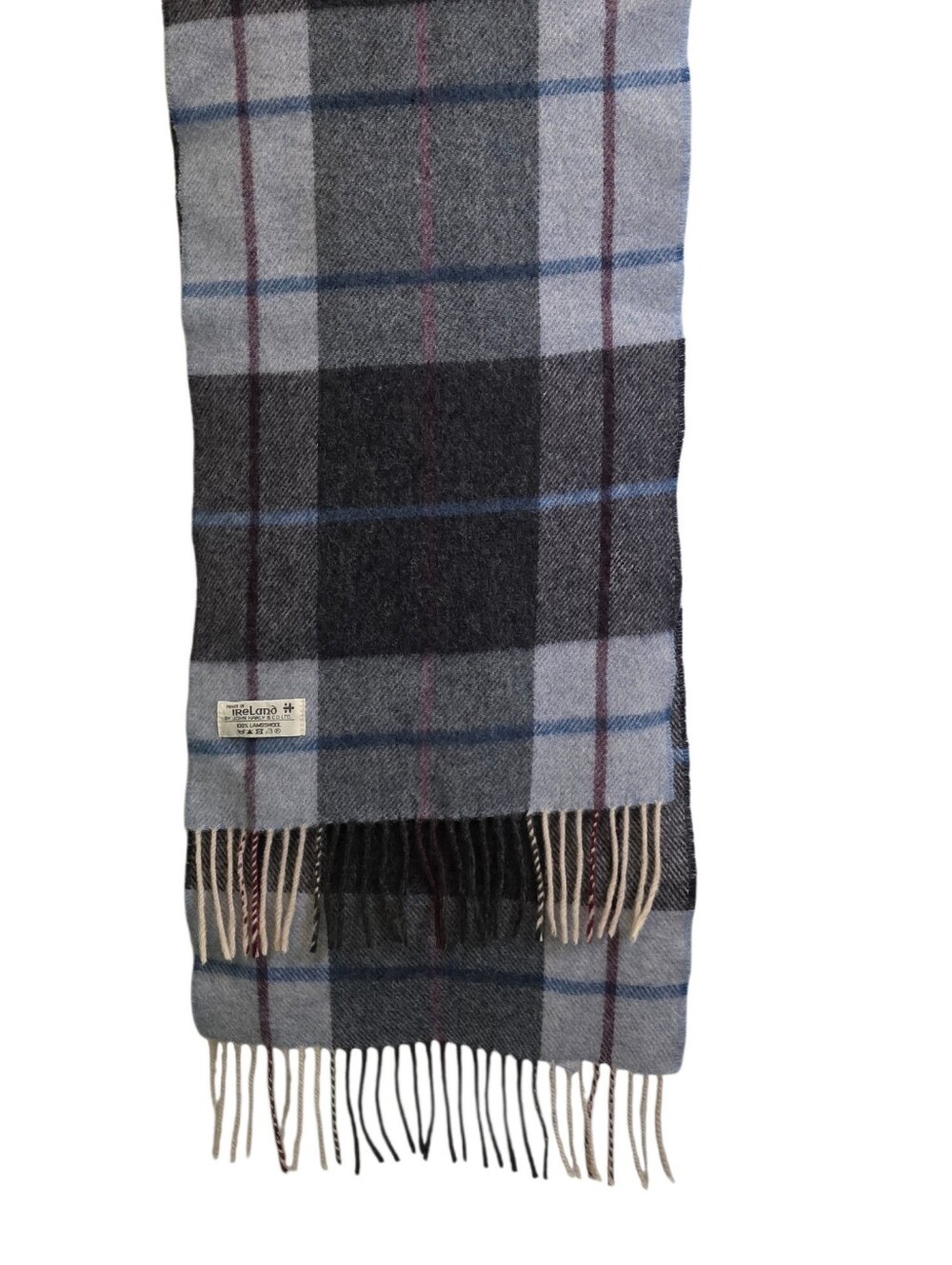 John Hanly & Co. Irish Lambswool Fringed Scarf Light Blue Charcoal Check VGUC OS